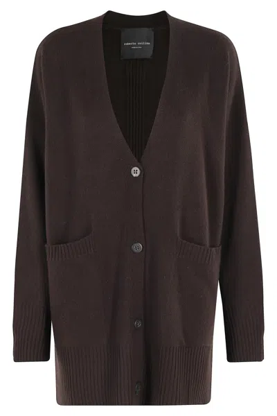 Roberto Collina Oversized Ebony Cardigan With V-neck And Front Pockets In Brown