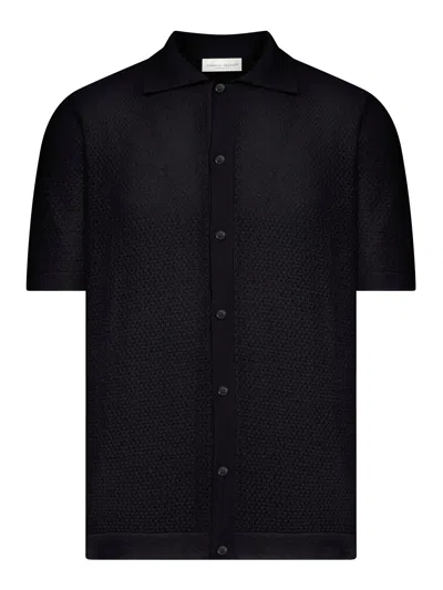 Roberto Collina Perforated Knit Shirt With Classic Collar In Black