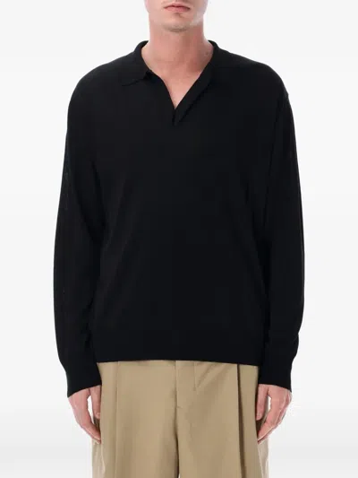 Roberto Collina Long Sleeve Polo Cotton Knit Sweater In Black