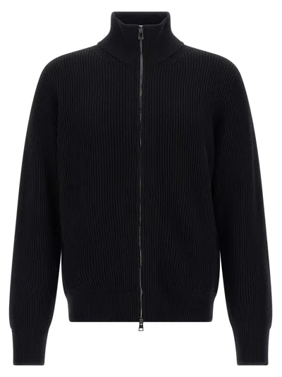 Roberto Collina Textured Cardigan With High Collar And Cuffs In Black
