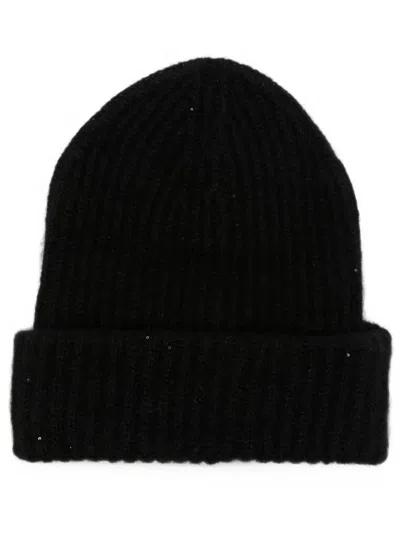 Roberto Collina Ribbed Cashmere And Silk Beanie With Sequins In Black