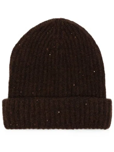 Roberto Collina Ribbed Cashmere And Silk Beanie With Sequins In Burgundy