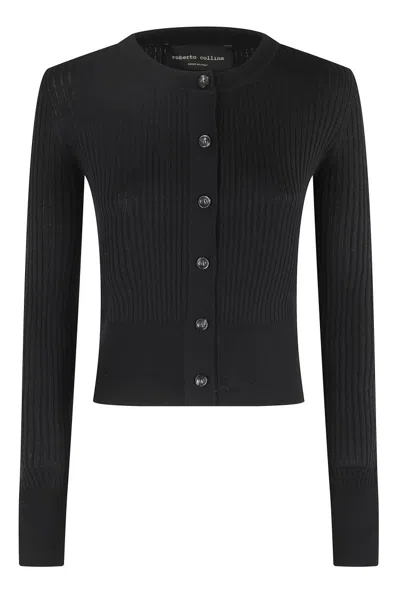 Roberto Collina Ribbed Knit Merino Wool Cardigan With Central Button Closure In Black