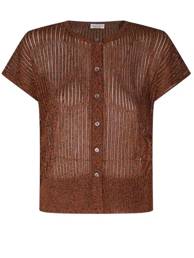 Roberto Collina Ribbed Knit Short Sleeve Cardigan In Brown