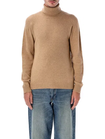 Roberto Collina Robust Smooth-hand Camel Wool Blend Turtleneck Sweater With Ribbed Cuffs In Multi