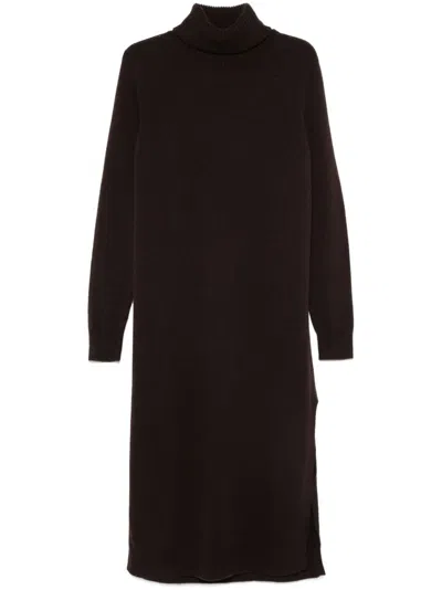 Roberto Collina Cashmere Blend Turtleneck Dress With Side Slits In Brown