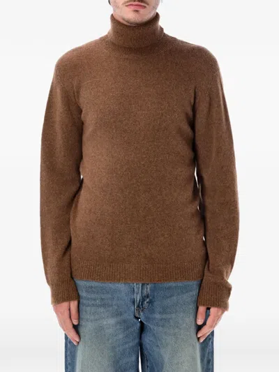 Roberto Collina Textured Knit High-neck Sweater With Ribbed Details In Brown