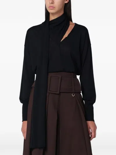 Roberto Collina Sweater Featuring Long Scarf Detail And V-neck In Black
