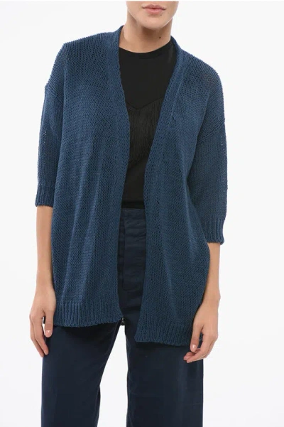 Roberto Collina Short Sleeved Cotton Blend Open Front Cardigan In Blue