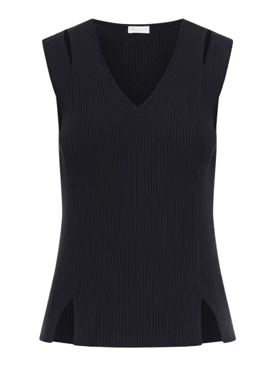 Roberto Collina Sleeveless Top In Vertical Ribbed Knit In Black