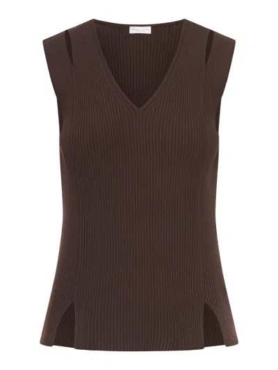 Roberto Collina Sleeveless Top In Vertical Ribbed Knit In Brown