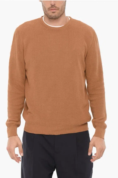 Roberto Collina Solid Color Cotton And Linen Crew-neck Sweater In Brown