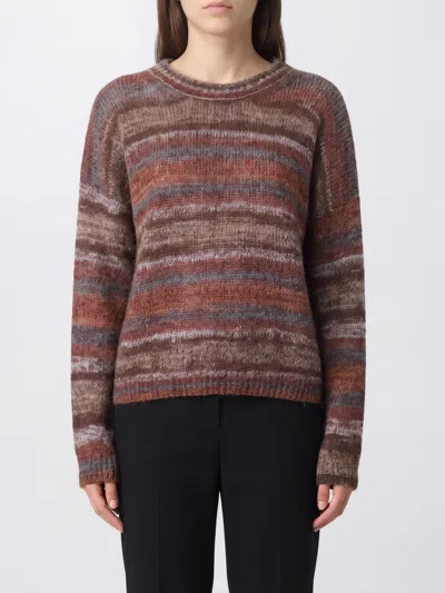 Roberto Collina Striped Crewneck Jumper In Alpaca Wool With Dropped Shoulders In Brown