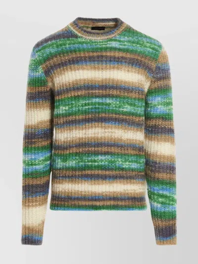 Roberto Collina Striped Round Neck Ribbed Long Sleeves In Blue