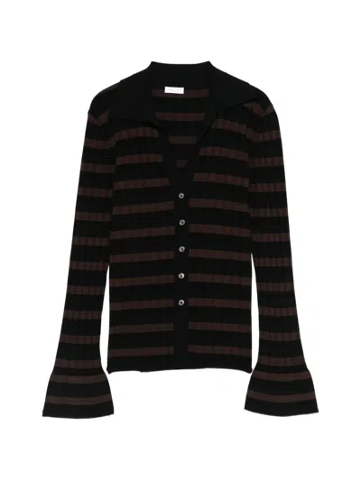 Roberto Collina Striped V-neck Ribbed Shirt In Black