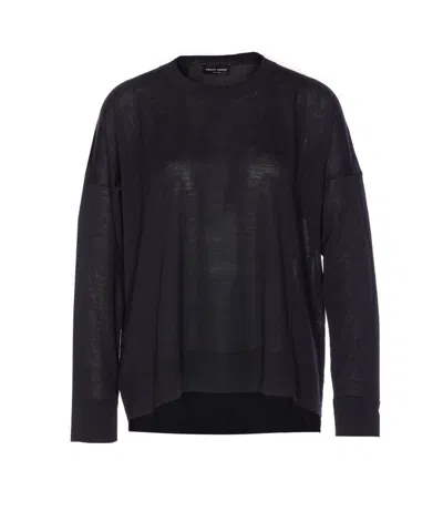 Roberto Collina Sheer Fabric Crewneck Sweater With Ribbed Cuffs In Black