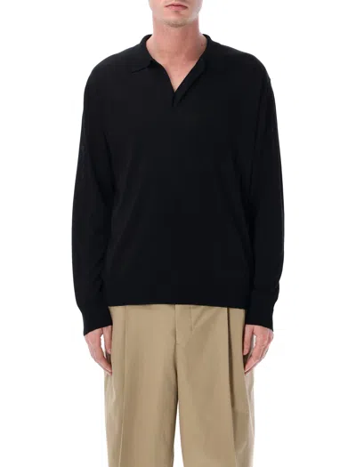 Roberto Collina Long-sleeved Cotton-blend Knitted Polo Shirt In Black