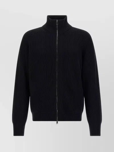 Roberto Collina Textured Cardigan With High Collar And Cuffs In Black
