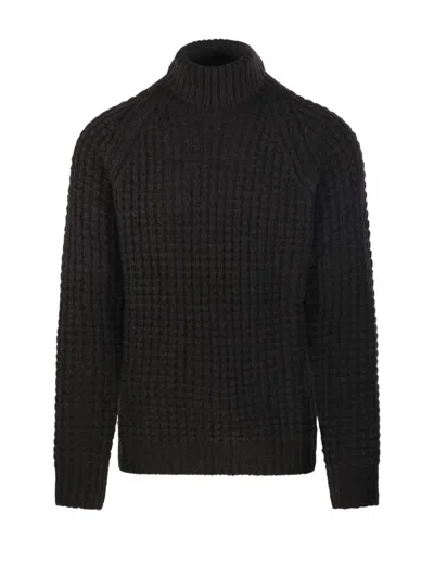 Roberto Collina Textured Ribbed High Neck Sweater In Black