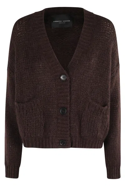 Roberto Collina Three-quarter Sleeve Brown Wool Cardigan With V-neck And Button Closure