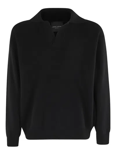 Roberto Collina Long-sleeved Black Polo With V-neck