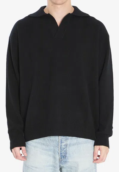 Roberto Collina Wool-blend Long-sleeved Polo T-shirt In Black