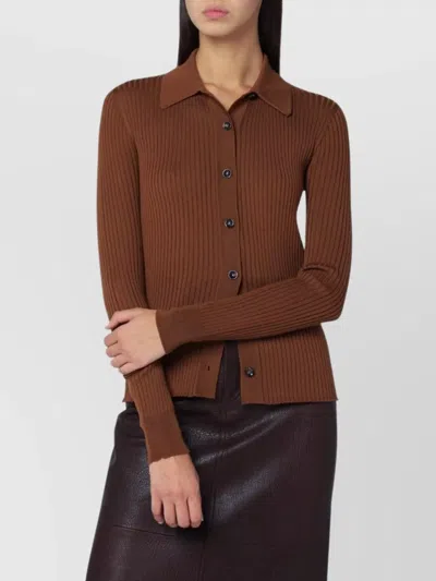 Roberto Collina Wool Cardigan With Long Sleeves And Ribbed Texture In Brown