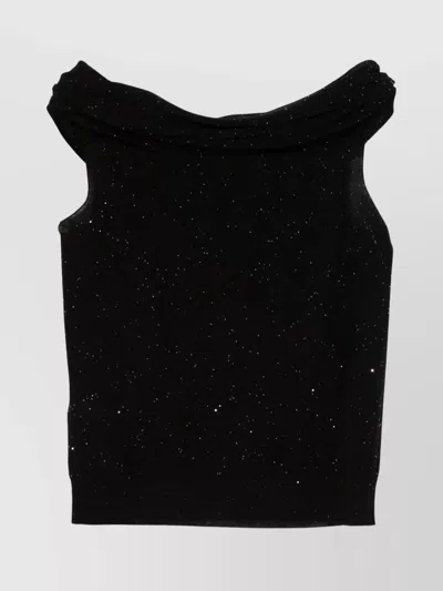 Roberto Collina Wool Top With Micro Sequins And Draped Detail In Black
