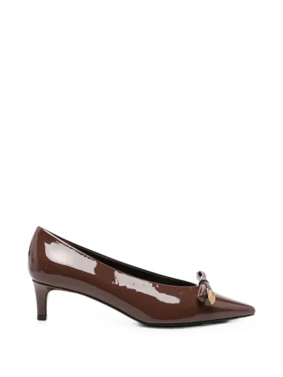 Roberto Festa Bow-detail Patent-finish Leather Heeled Pumps In Brown