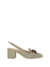 Roberto Festa Chanel Slingback In Khaki Jeans With Wooden Accessory In Green