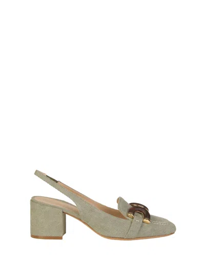 ROBERTO FESTA ROBERTO FESTA CHANEL SLINGBACK IN KHAKI JEANS WITH WOODEN ACCESSORY
