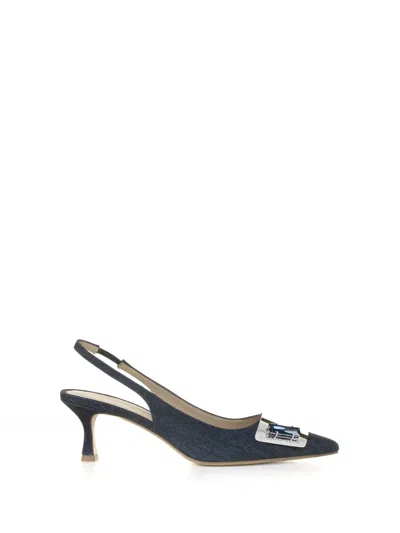 Roberto Festa Chanel Slingback In Vintage Jeans With Accessory In Blue