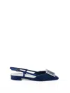 Roberto Festa Décolleté Slingback Flat Navy Blue With Jewel Accessory In Blue