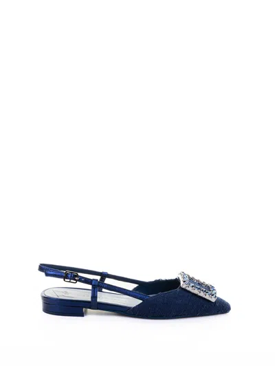 Roberto Festa Décolleté Slingback Flat Navy Blue With Jewel Accessory