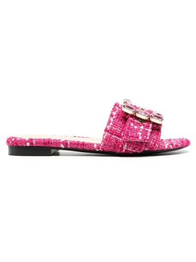 Roberto Festa Flat Slide Sandals With Textured Tweed In Pink