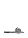 Roberto Festa Flat Slipper In Khaki Jeans With Rhinestone Accessory In Gray