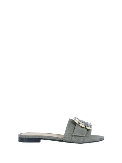Roberto Festa Flat Slipper In Khaki Jeans With Rhinestone Accessory In Gray