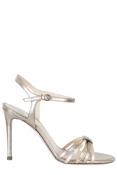 Roberto Festa Gold Regen Crossed Front Ankle Strap Patent Leather Sandals In Silver