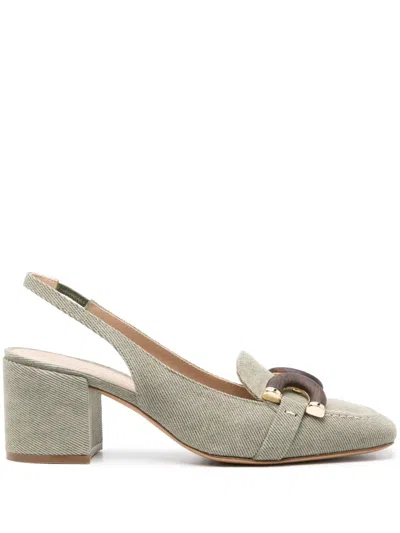 Roberto Festa Chanel Slingback In Khaki Jeans With Wooden Accessory In Metallic