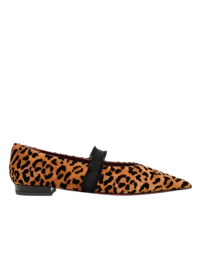 Roberto Festa Pointed Toe Leopard Print Flats With Frayed Black Strap In Animal Print