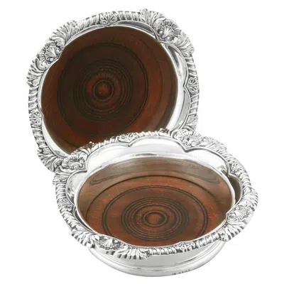 Pre-owned Roberts & Belk Ltd. 1 Roberts & Belk Sterling Silver Coasters With Oak Base, Sheffield 1940 In Brown