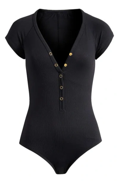 Robin Piccone Amy Raglan Sleeve One-piece Swimsuit In Licorice