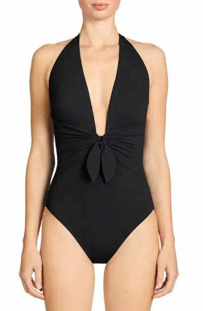 Robin Piccone Ava Plunge Halter Knot One-piece Swimsuit In Black