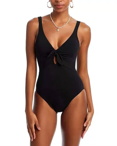 Robin Piccone Ava Plunge Neck Tie-front One Piece Swimsuit In Black In Blue