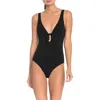 Robin Piccone Plunge Neck Tie-front One Piece Swimsuit In Black