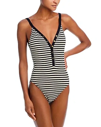 Robin Piccone Jules V Neck One Piece Swimsuit In Black/ecru