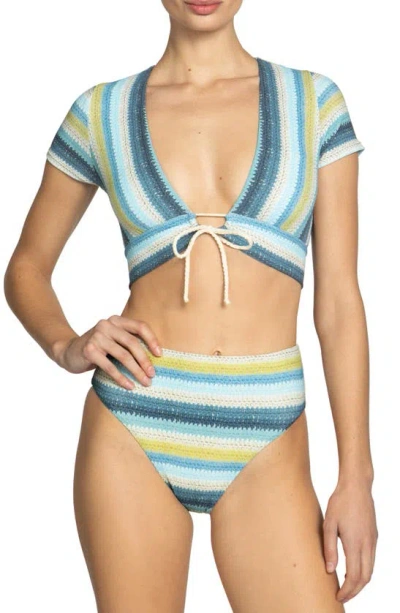 Robin Piccone Lyra Stripe Cap Sleeve Bikini Top In Blue Honeydew