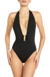 Robin Piccone Margot Plunge Halter One-piece Swimsuit In Black