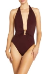 Robin Piccone Margot Plunge Halter One-piece Swimsuit In Burgundy