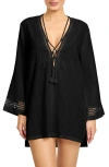 Robin Piccone Marina Lace-up Cover-up Tunic In Black